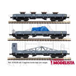 Set 3 vagones borde bajo MM, RENFE. Carga. MABAR 81402B