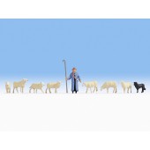 Sheep, dog and shepherd.