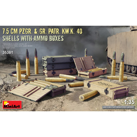 7.5 cm Pzgr. & Gr. Patr. Kw.K. 40 shells with ammo boxes.