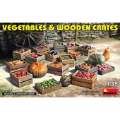 Vegetables and wooden crates.