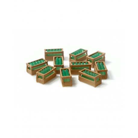 Wooden boxes with green bottles.