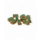 Wooden boxes with green bottles.