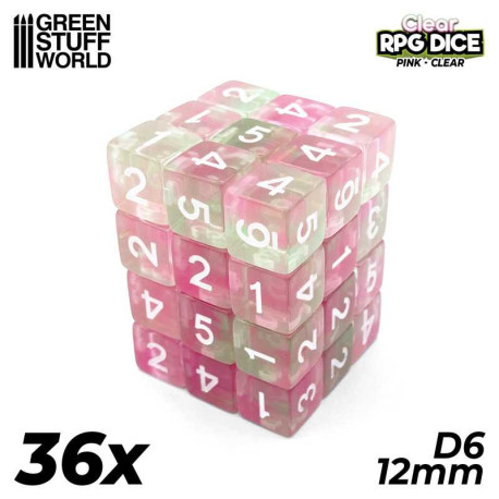 D6 12 mm Dice, pink/clear.