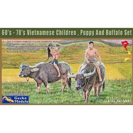 Vietnamese children, puppy and buffalo set.